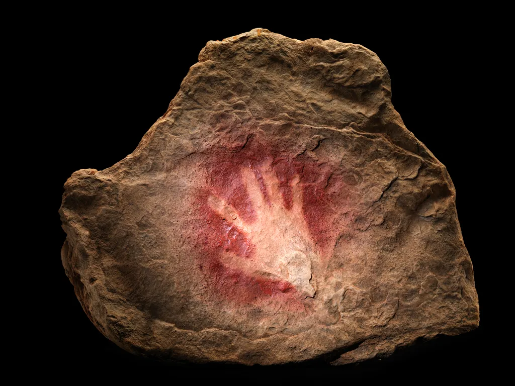 Photo of a red silhouette of a handprint on a rock.