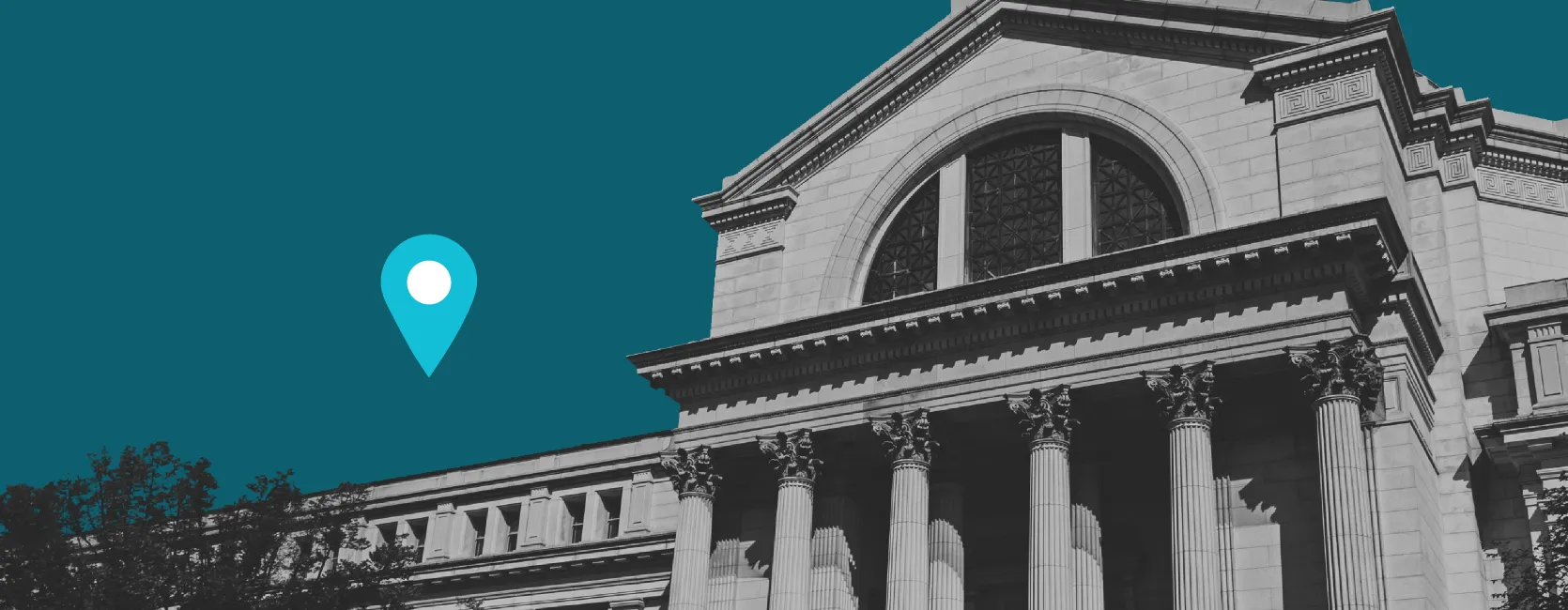 Smithsonian National Museum of Natural History building seen from the south, or National Mall, side. The entrance has six tall, stone columns with a pediment above them containing a semi-circular window. A blue and white map pin graphic is on the left side of the image, in the sky next to the building.