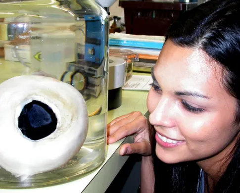 Woman looking at jar with giant squid eye inside