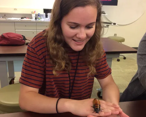 A teenage girl sitting at a table holding a large cockroach on the back of her hand.