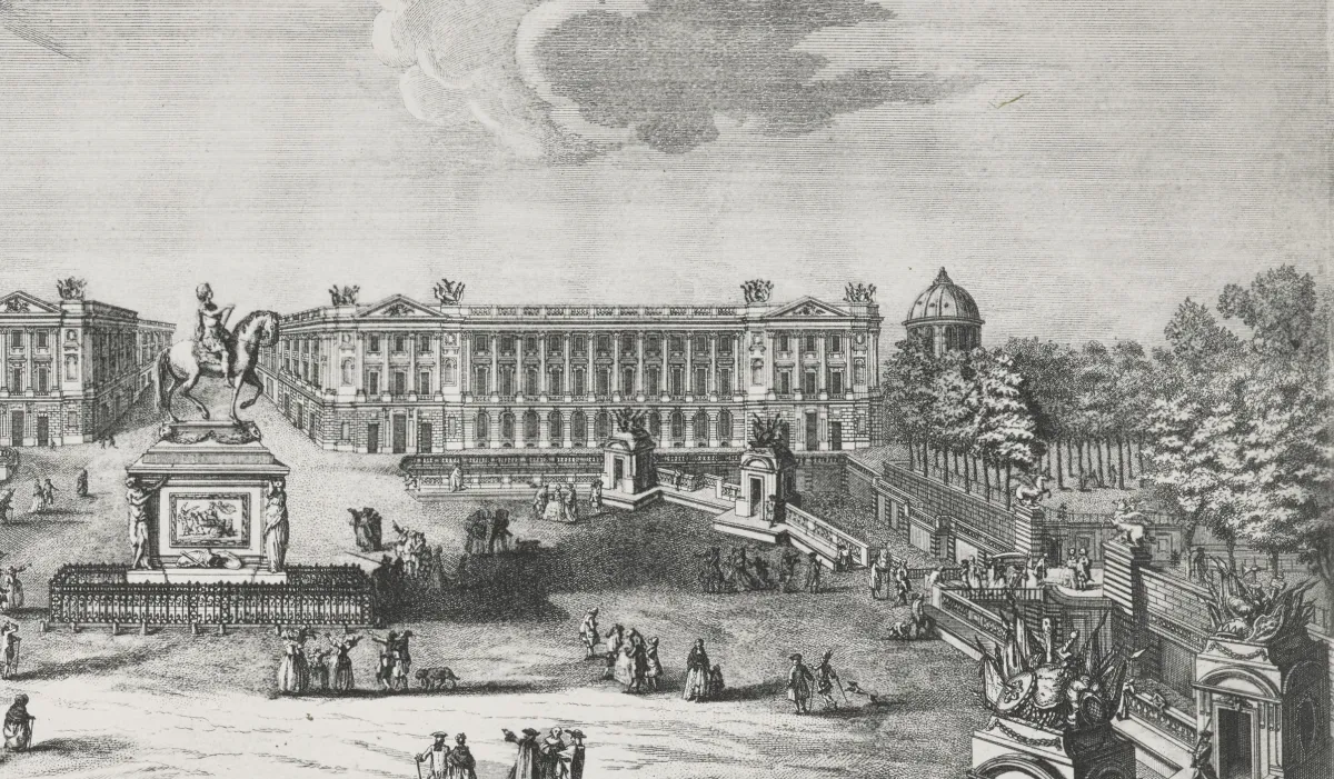 A plaza with statue and people in front of a neoclassical building