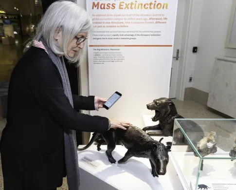 A woman touches a bronze sculpture of a mammal