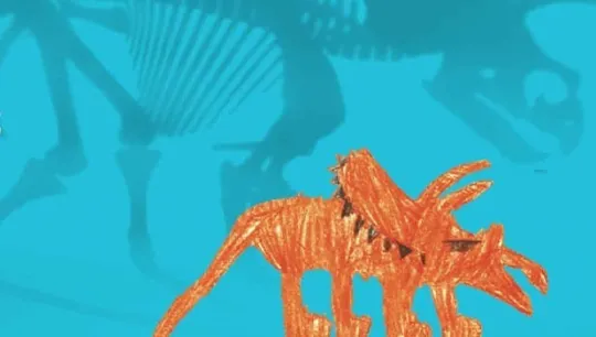 A child's drawing of a Triceratops with the shadow of a real Triceratops skeleton in the background