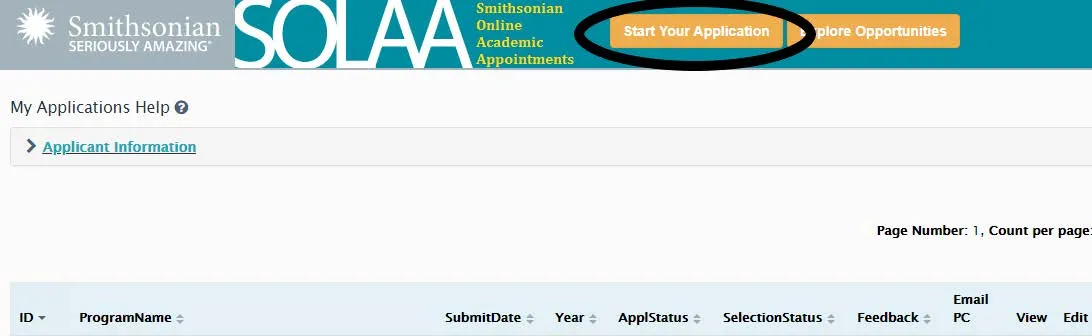 Screenshot of a web page with the title Smithsonian Online Academic Appointments. A yellow button is circled in the header; it says Start Your Application.