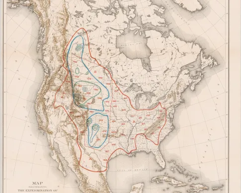 Map of North America with the historical range of bison and then in 1870, 1880, 1884, 1885. Each range is dramatically smaller until there is barely any range left.