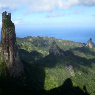 Arial view of Poumaka, a prominent 500 m tall spire on Ua Pou