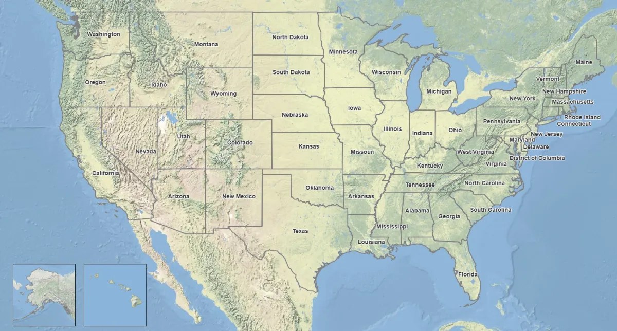 Topographical map of the continental United States with the state names in the center of each state. Alaska and Hawaii are shown in boxes at the lower left.