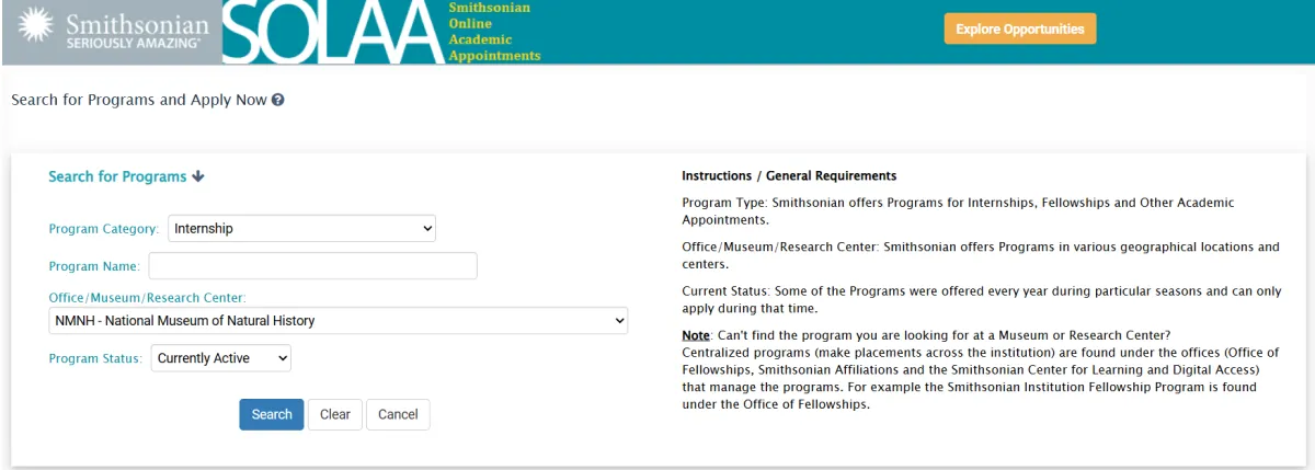 Screenshot of a web page with a search box on the left side titled Search for Programs.  The dropdown menu for Program Category is set to Internship. The Office, Museum, Research Center drop-down menu is set to NMNH - National Museum of Natural History. The Program Status drop down menu is set to Currently Active.