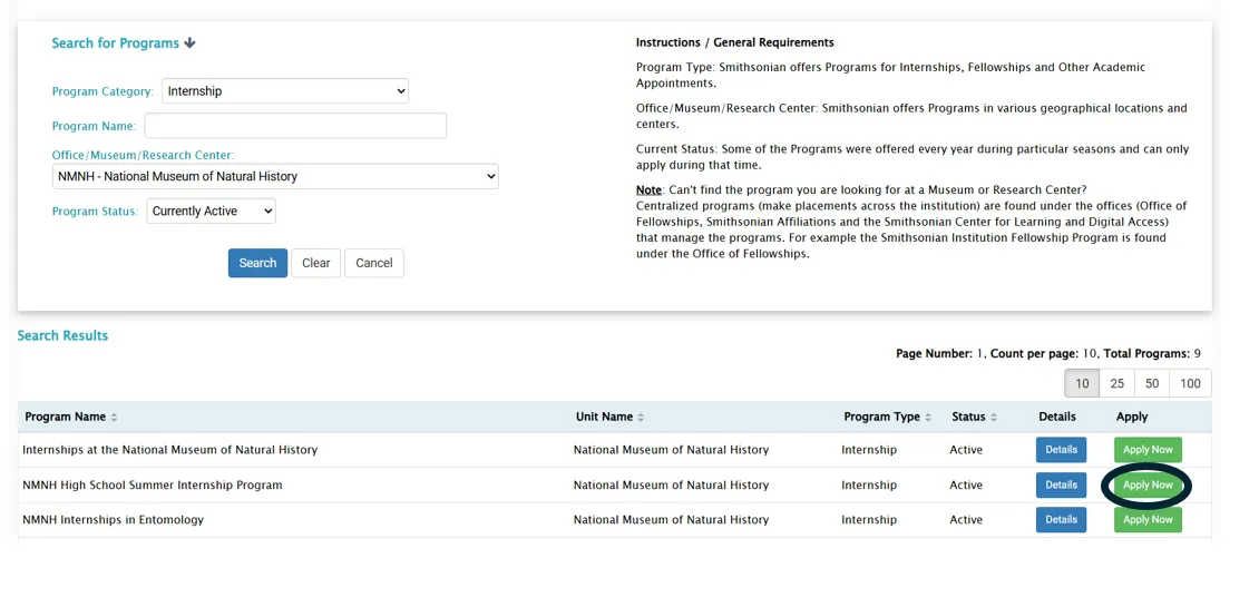 A list of programs displayed in a table. The second program listed says NMNH High School Summer Internship Program.  In the right column, the Apply Now button is circled.