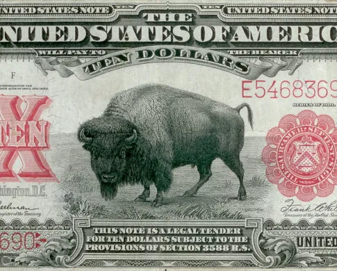 A photograph of a $10 bill from 1901 with a bull bison depiction
